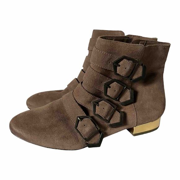 Sam Edelman Boots Womens Sz 7 Nolan Ankle biker tan moto buckle gold metal heel - Picture 1 of 8